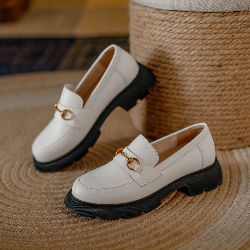 British Round-Toe Platform Loafers: Thick Heel, Gold Buckle