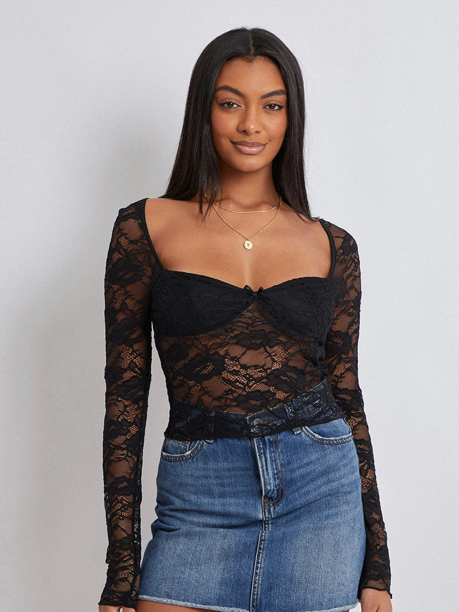 Open navel long sleeved top lace short t-shirt