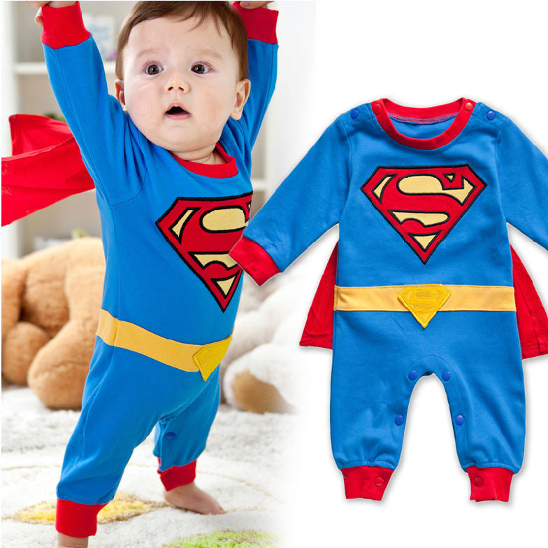 Superman creeper baby suit with embroidered cloak, featuring Wukong design.