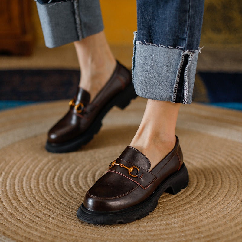 British Round-Toe Platform Loafers: Thick Heel, Gold Buckle