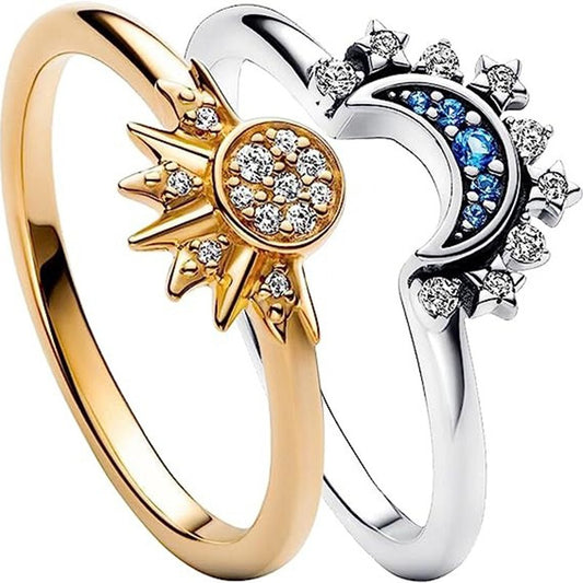 Sun Moon Blue Diamond Celestial Couple Ring Set