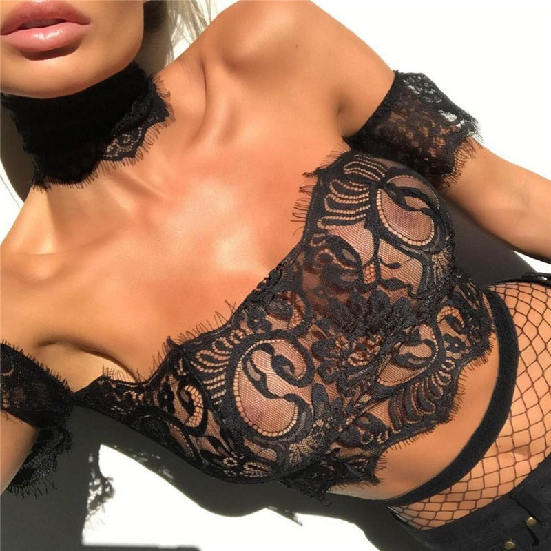 Sexy Lace Off-Shoulder Bra with Sheer Design and Short Sleeves