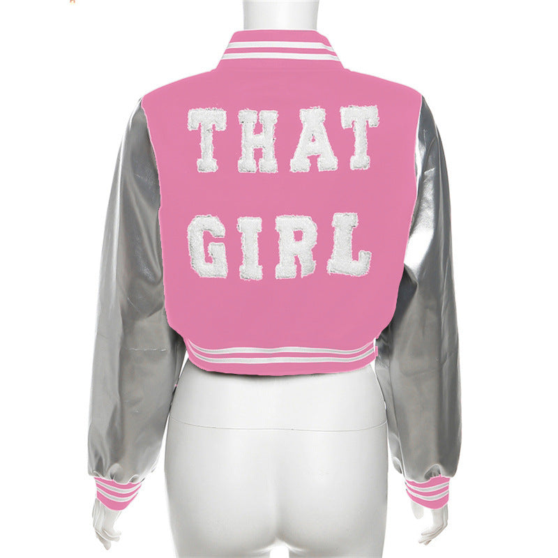 casual varsity jacket with fluffy lettering and leather sleeve patchwork