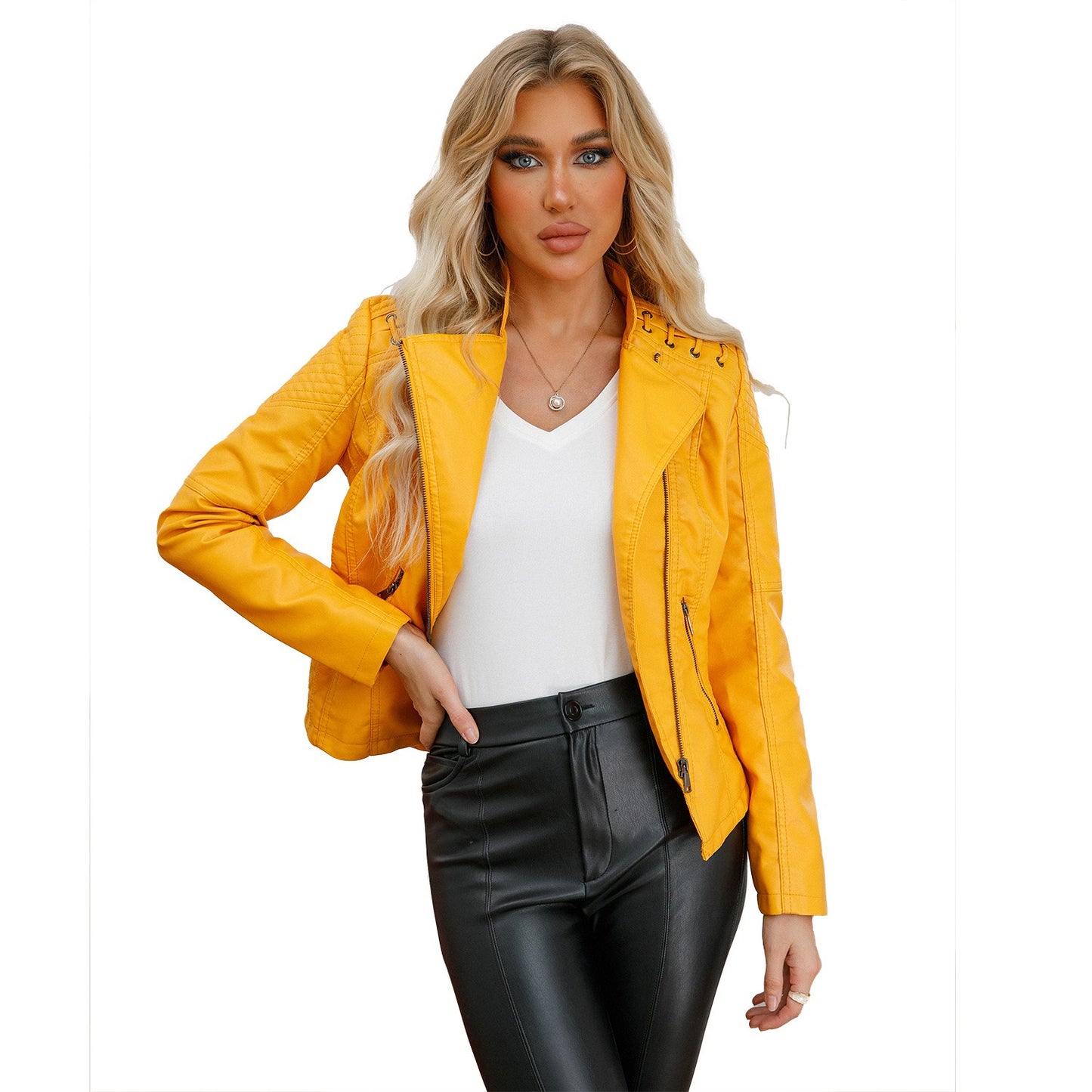 Women's slim-fit motorcycle-style leather jacket