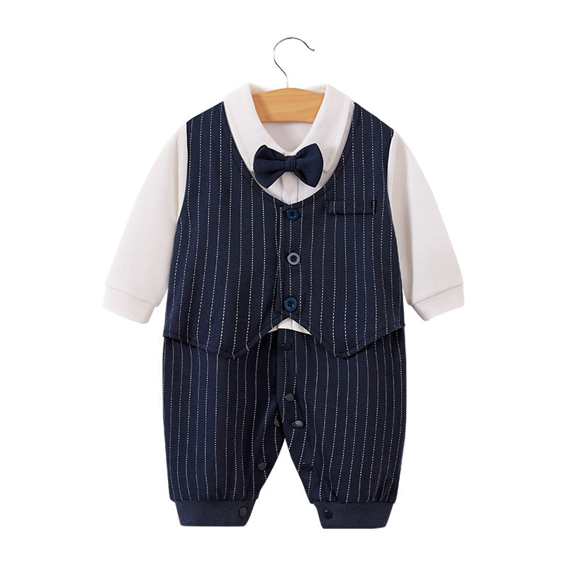 Children's long-sleeve jumpsuit for one-year-olds, gentleman-style romper in trendy INS style.