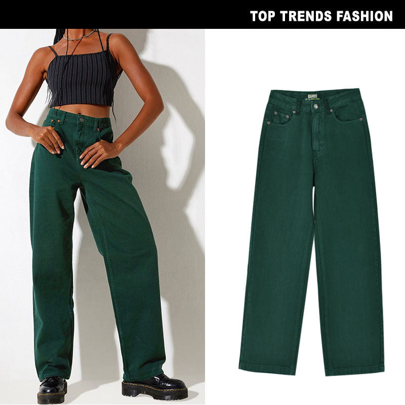 high-waist loose straight-leg dark green