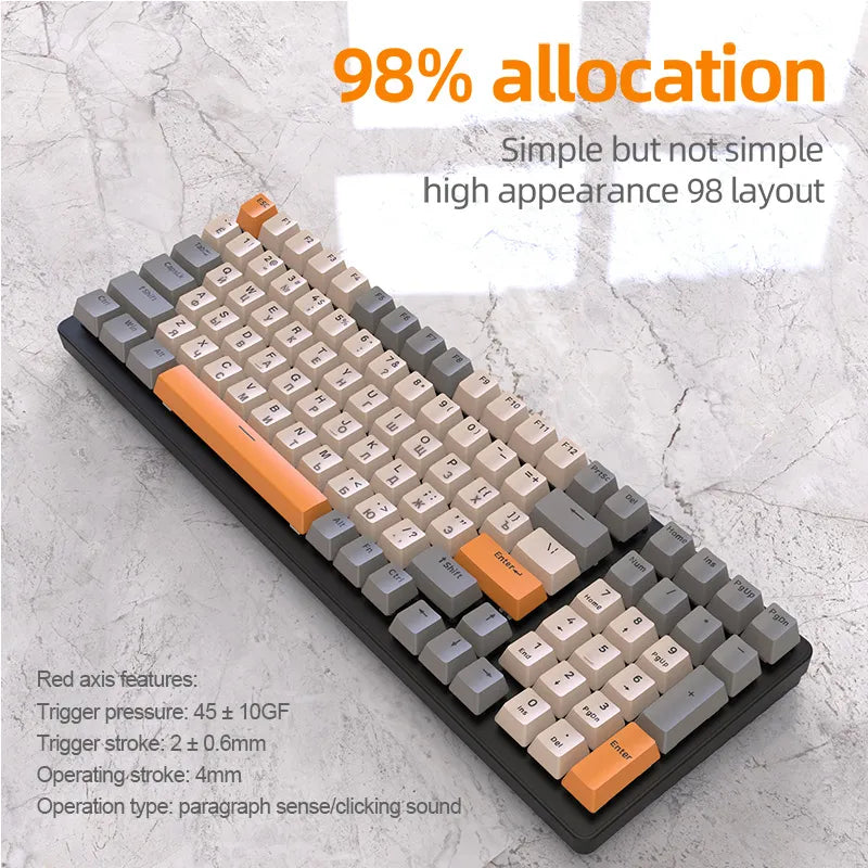 K6 mechanical keyboard with 5.0 Bluetooth, 2.4 GHz, wired modes, and backlit 100 keys for gamers.