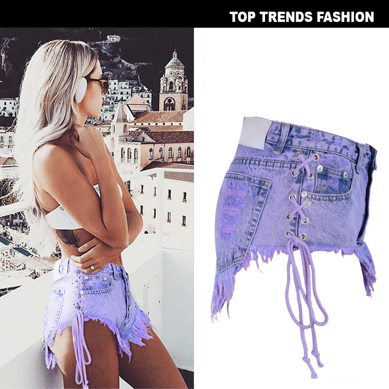 high-waist macaron purple denim shorts with frayed edges