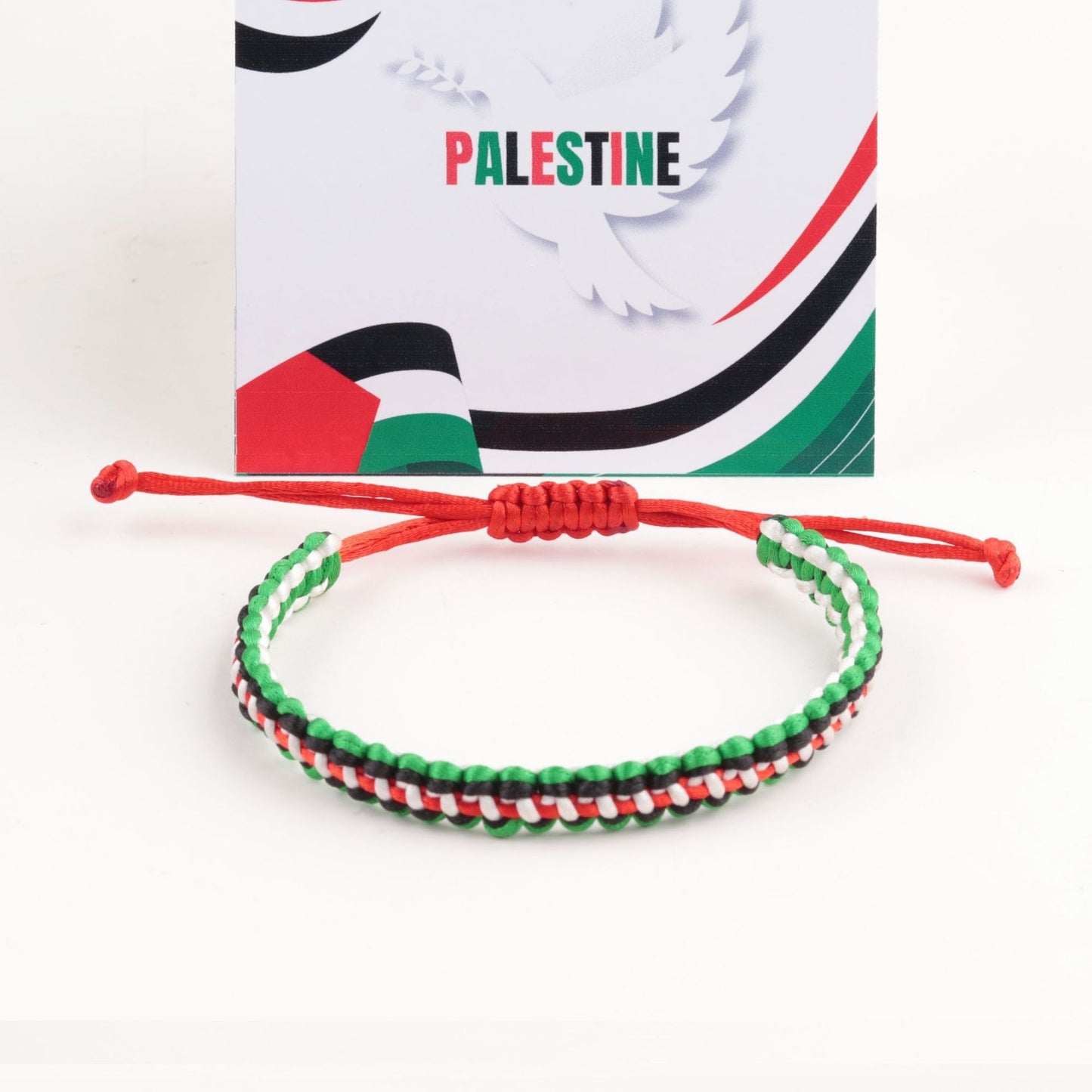 Palestine flag bracelet with silver, red, and green acrylic letter beads.