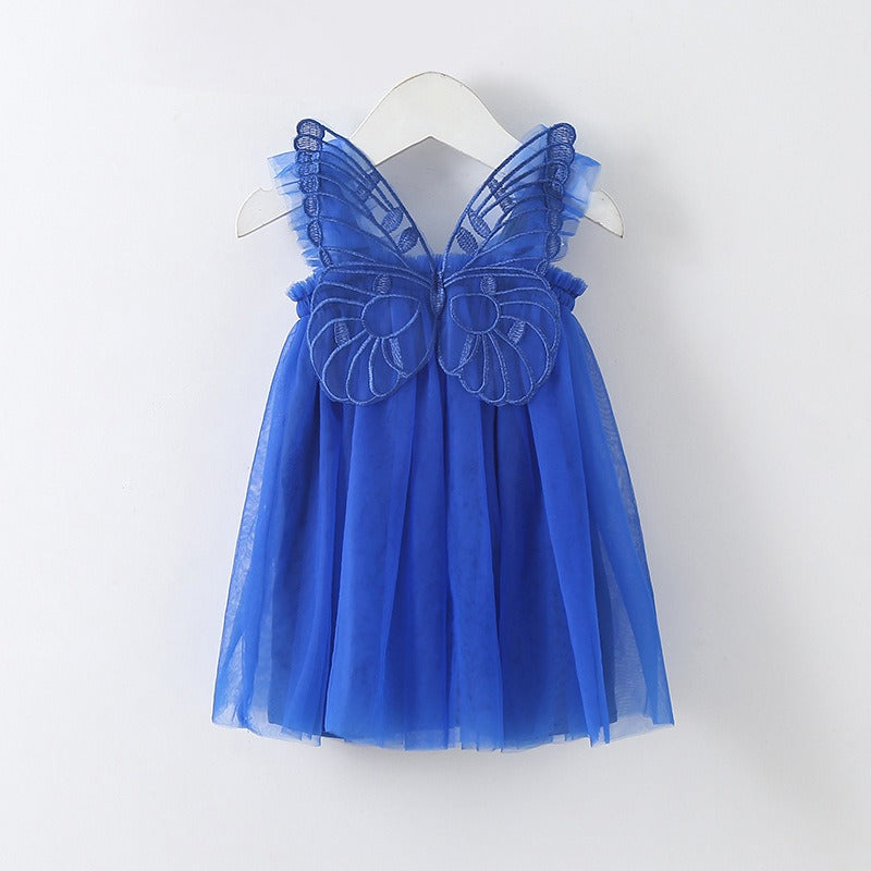 New baby girl dress with solid color and butterfly wing sleeves—sweet princess style.