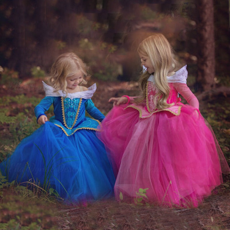 Princess dress inspired by Sleeping Beauty and Frozen, with mesh long sleeves and a fluffy design.