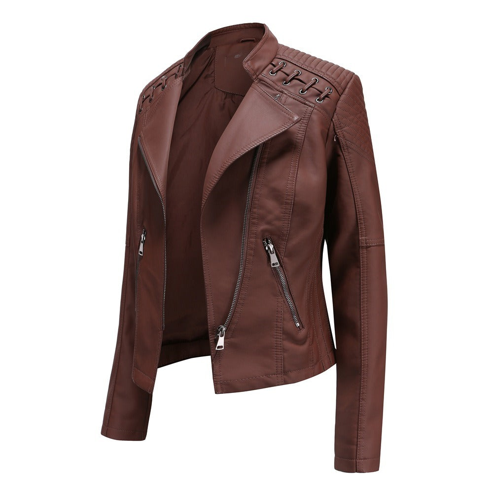 Women's slim-fit motorcycle-style leather jacket