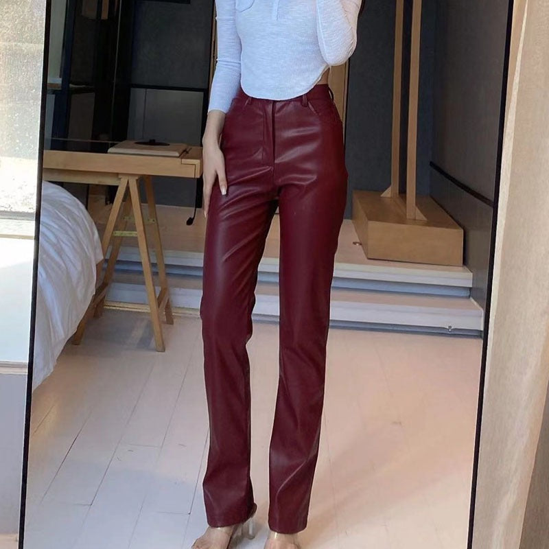 Women's high-waist PU leather wide-leg pants