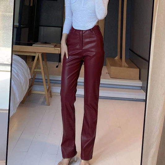 Women's high-waist PU leather wide-leg pants