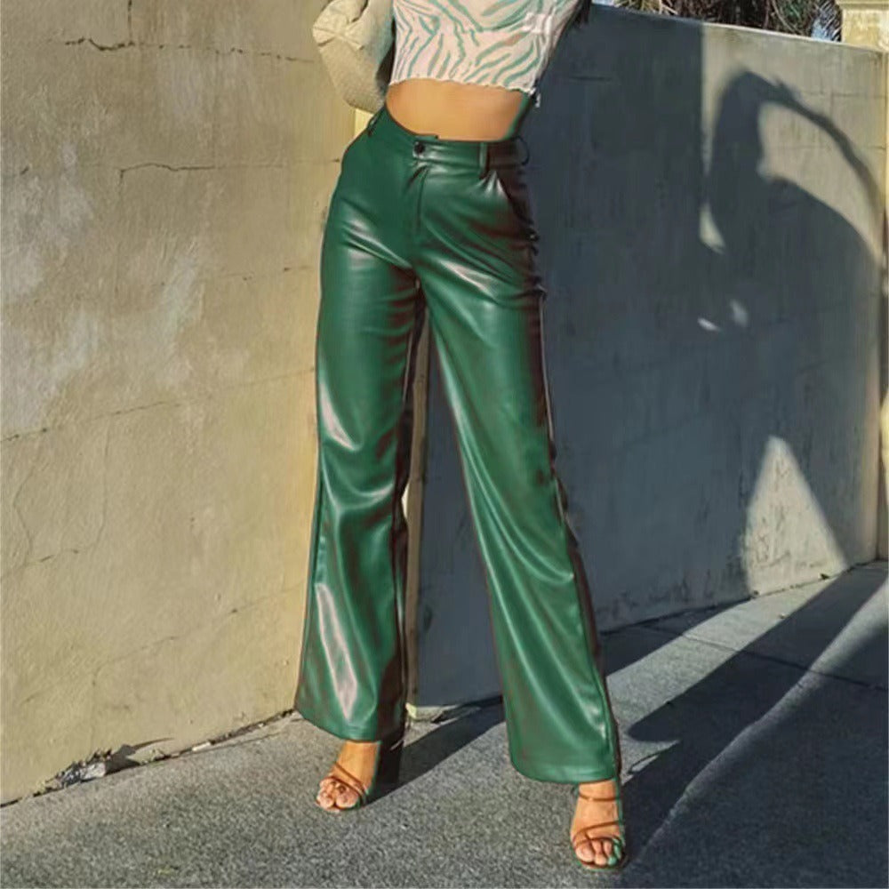 Women's high-waist PU leather wide-leg pants