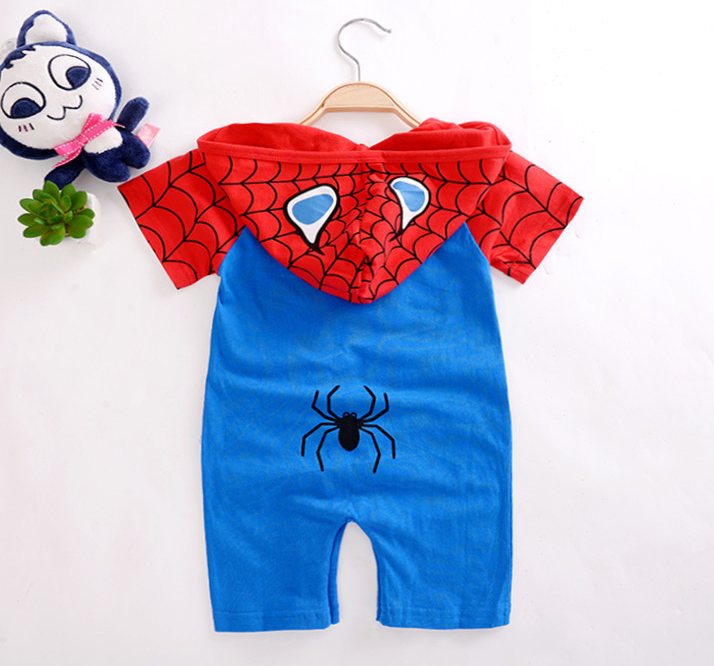 Cotton baby romper featuring Spider-Man and Superman designs, hooded jumpsuit.