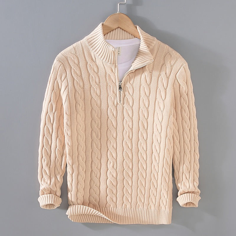 Men's thick half-zip twisted knit shirt with stand collar for autumn/winter.