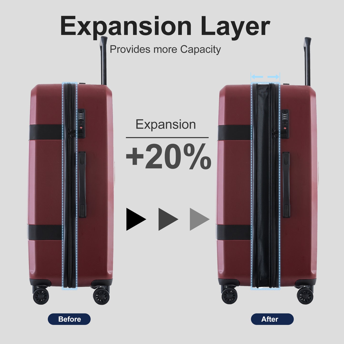 Expandable ABS+PC 3-Piece Luggage Set, Spinner Wheels, Lightweight, TSA Lock (20/24/28), Red