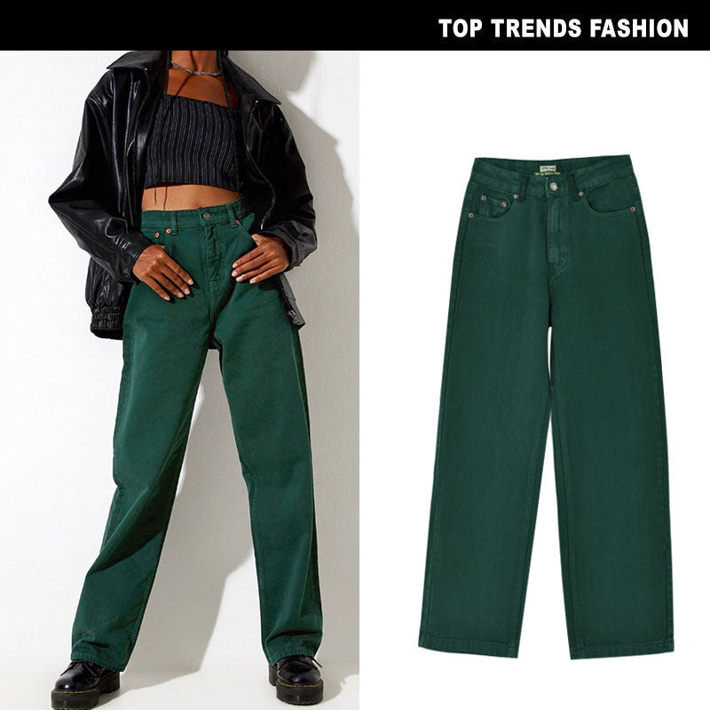 high-waist loose straight-leg dark green