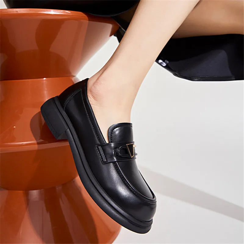 Thick-Heel Shallow Mouth Leather Women's Shoes