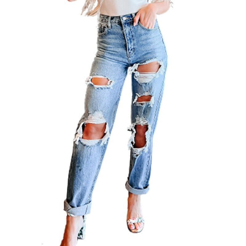 Women's high-waist ripped blue jeans