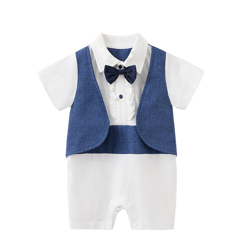 Newborn baby jumpsuit in British style, short-sleeved, for one-year-old boys.