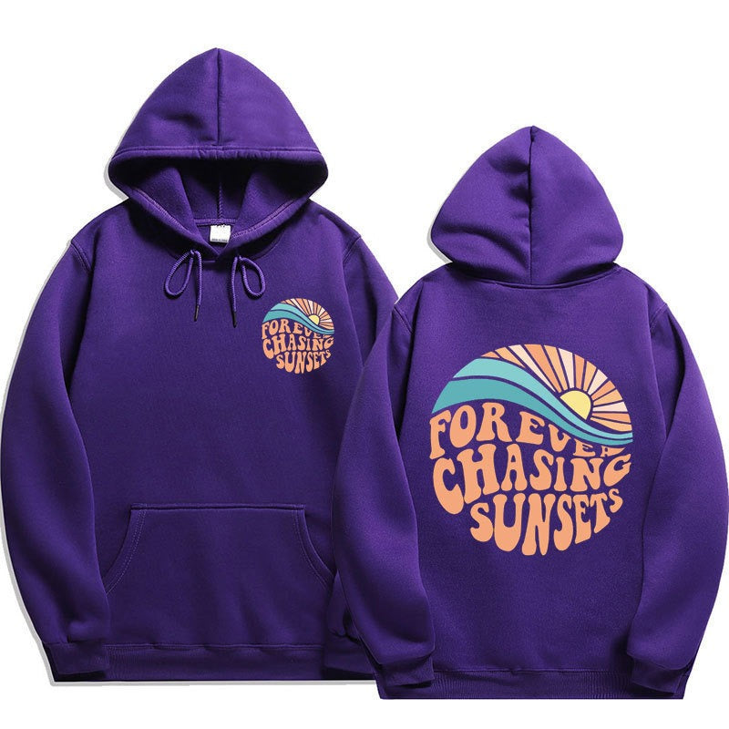 Chasing Sunsets printed cuff hoodie sweater, unisex design