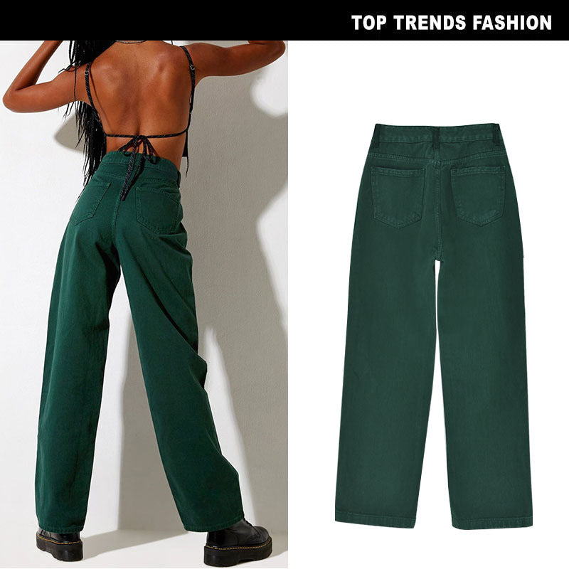 high-waist loose straight-leg dark green