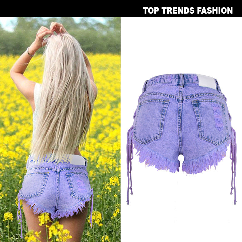 high-waist macaron purple denim shorts with frayed edges