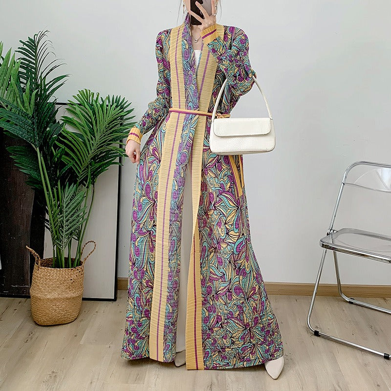 Pleated Printed Robe Middle East Dubai Elegant Cardigan