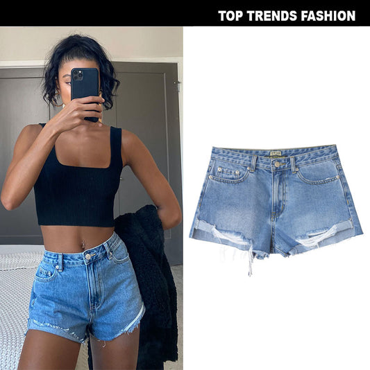 High-waist ripped denim shorts