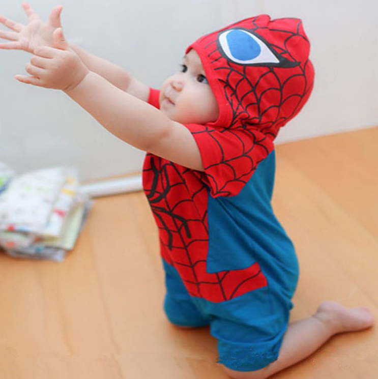 Cotton baby romper featuring Spider-Man and Superman designs, hooded jumpsuit.