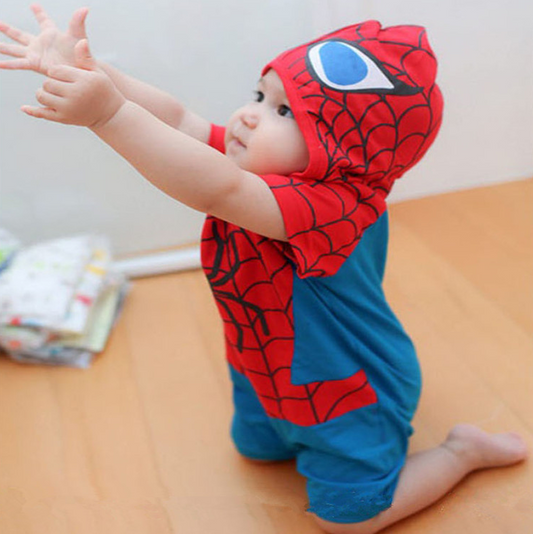 Cotton baby romper featuring Spider-Man and Superman designs, hooded jumpsuit.