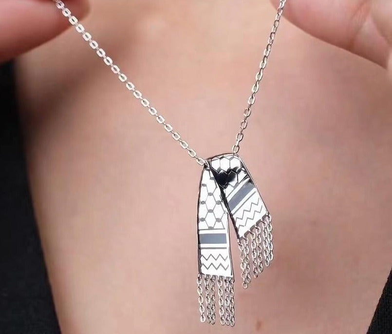 Palestinian Flag Tassel Necklace - Stainless Steel with Diamond Accents