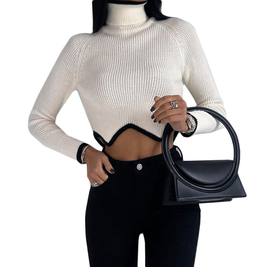 High necked irregular hem short sweater for women