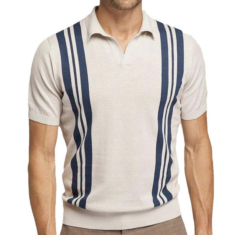 Summer striped short-sleeved knit polo shirt with a slim fit and lapel.