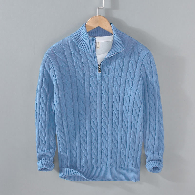 Men's thick half-zip twisted knit shirt with stand collar for autumn/winter.