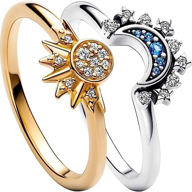 Sun Moon Blue Diamond Celestial Couple Ring Set