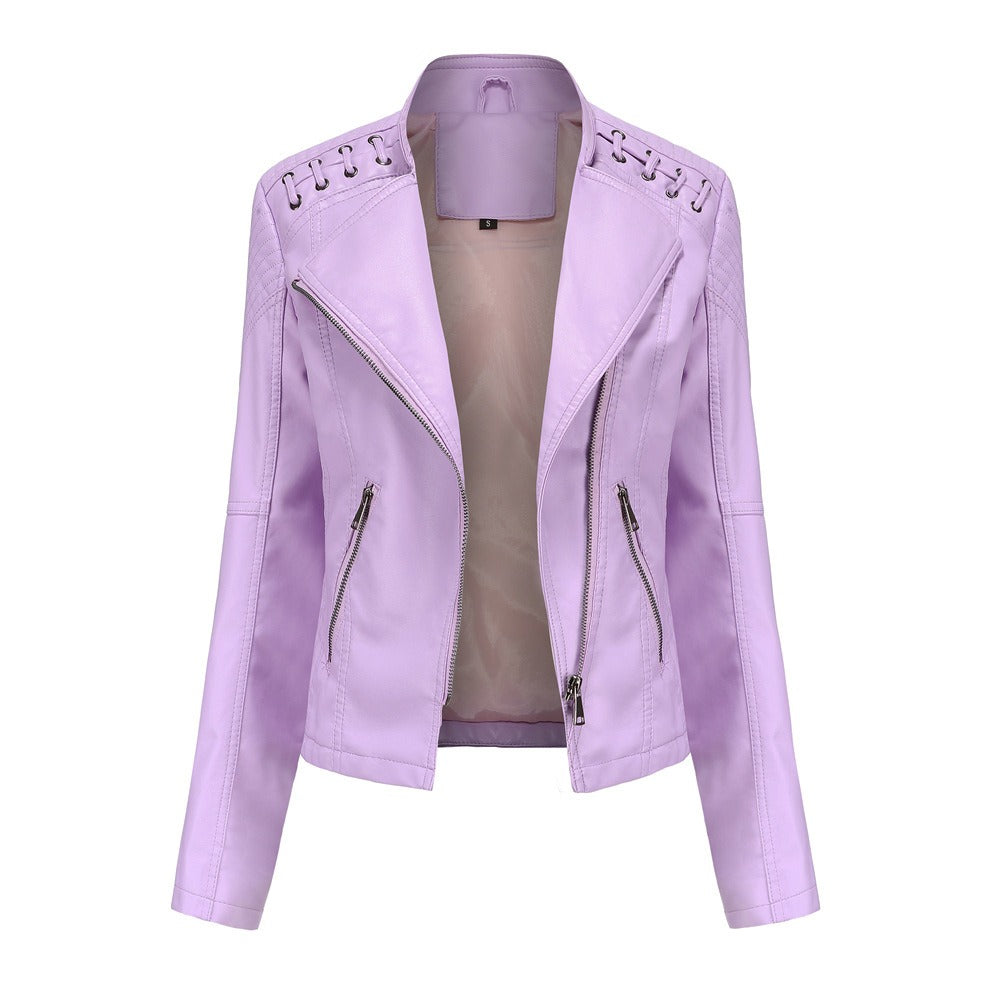 Women's slim-fit motorcycle-style leather jacket