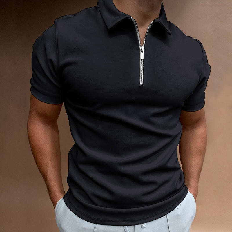 Men's summer slim-fit polo shirt with a zipper and flip collar.