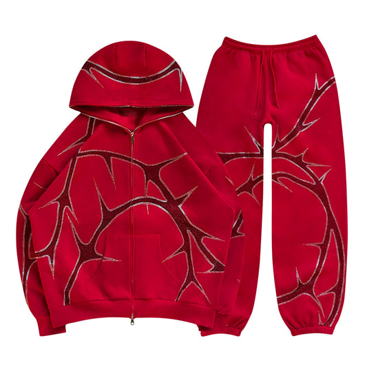 Street hoodie set with hot diamond zippers