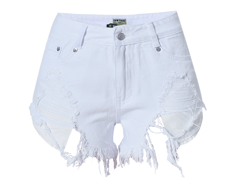 high-waist white denim shorts with frayed edges