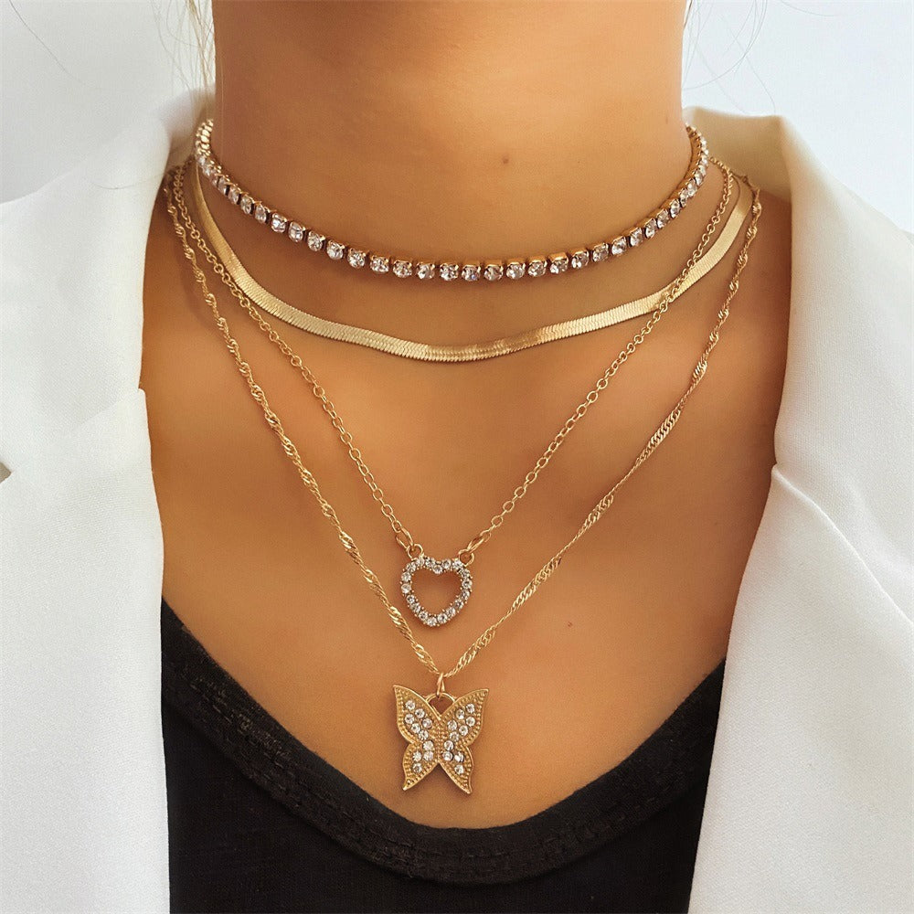 Butterfly Diamond Tassel Multi-Layer Pendant Necklace for Women