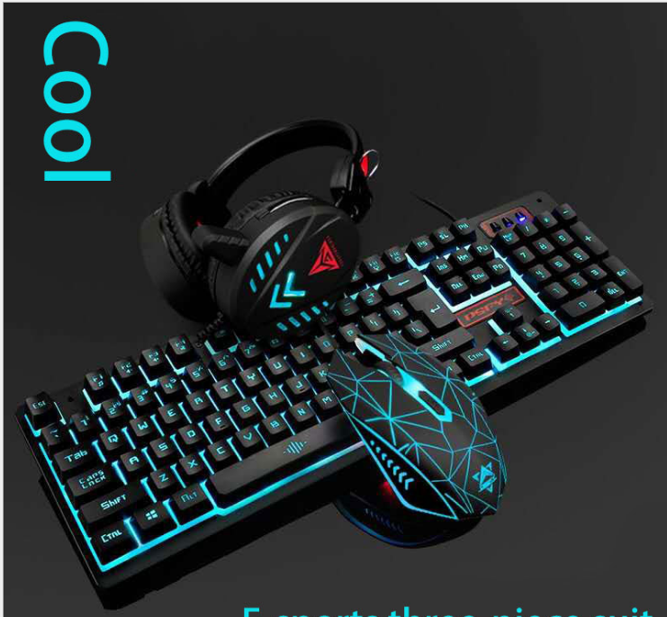 VX7 waterproof gaming set with LED keyboard, mouse, and headset.