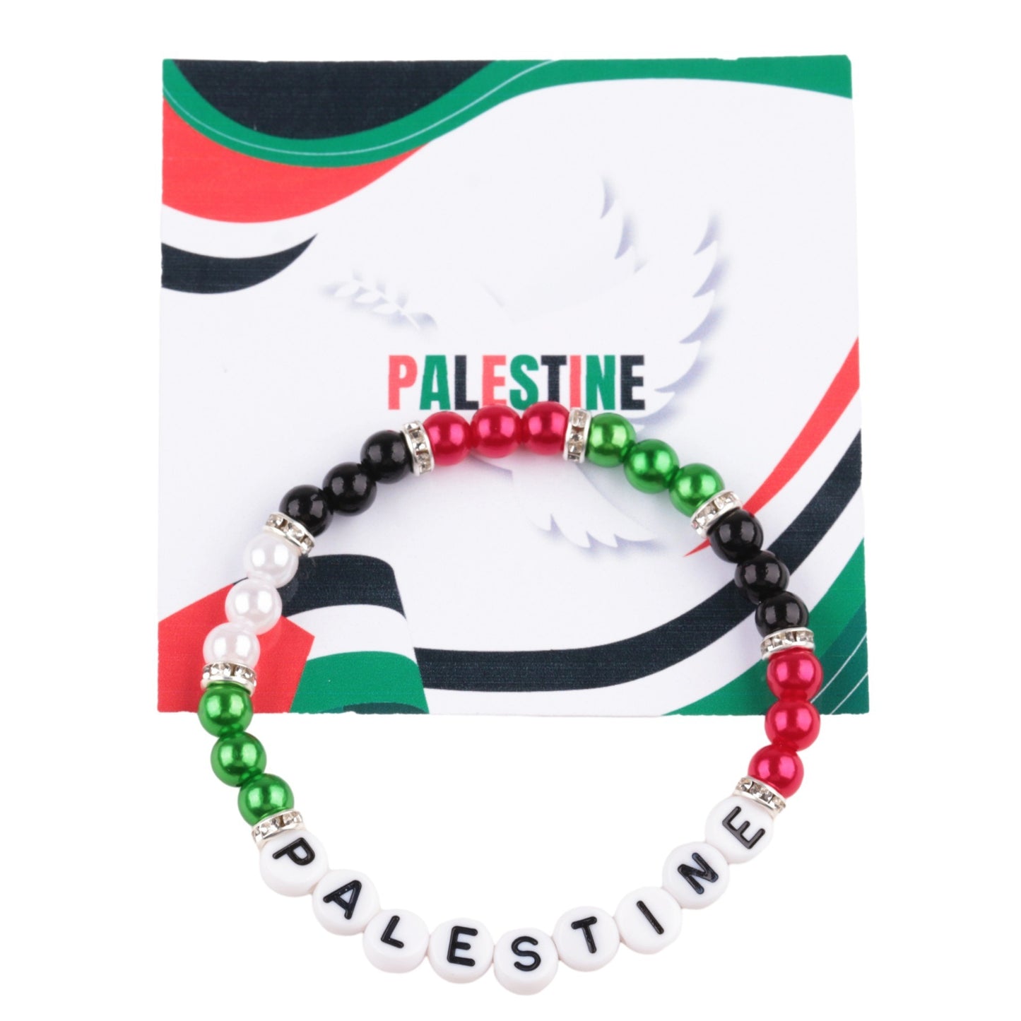 Palestine flag bracelet with silver, red, and green acrylic letter beads.