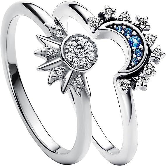 Sun Moon Blue Diamond Celestial Couple Ring Set