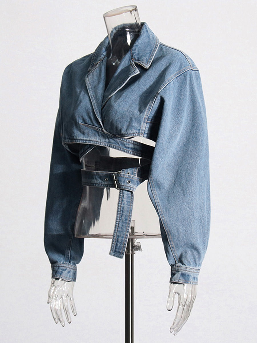 Cross-Layered Hollow Waist Slimming Short Denim Jacket