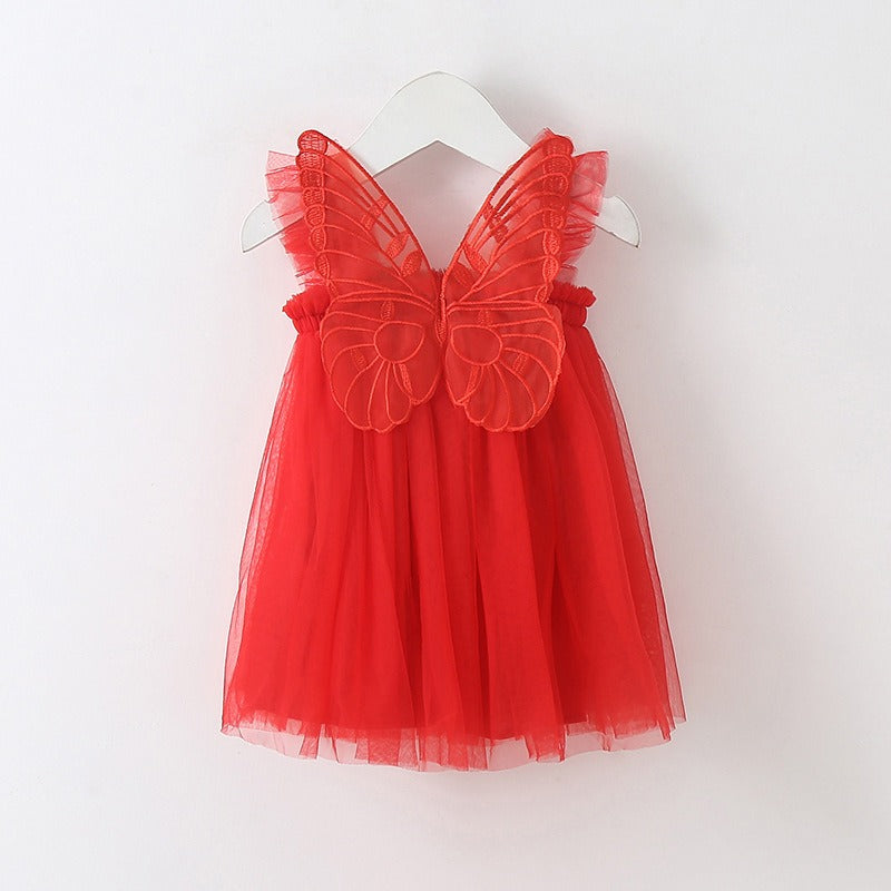 New baby girl dress with solid color and butterfly wing sleeves—sweet princess style.