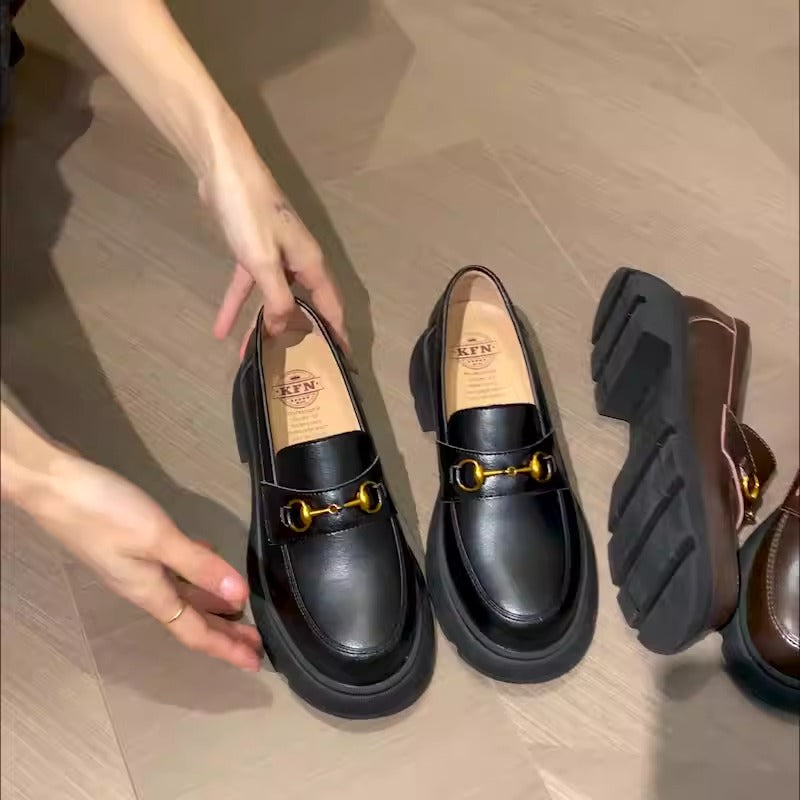 British Round-Toe Platform Loafers: Thick Heel, Gold Buckle