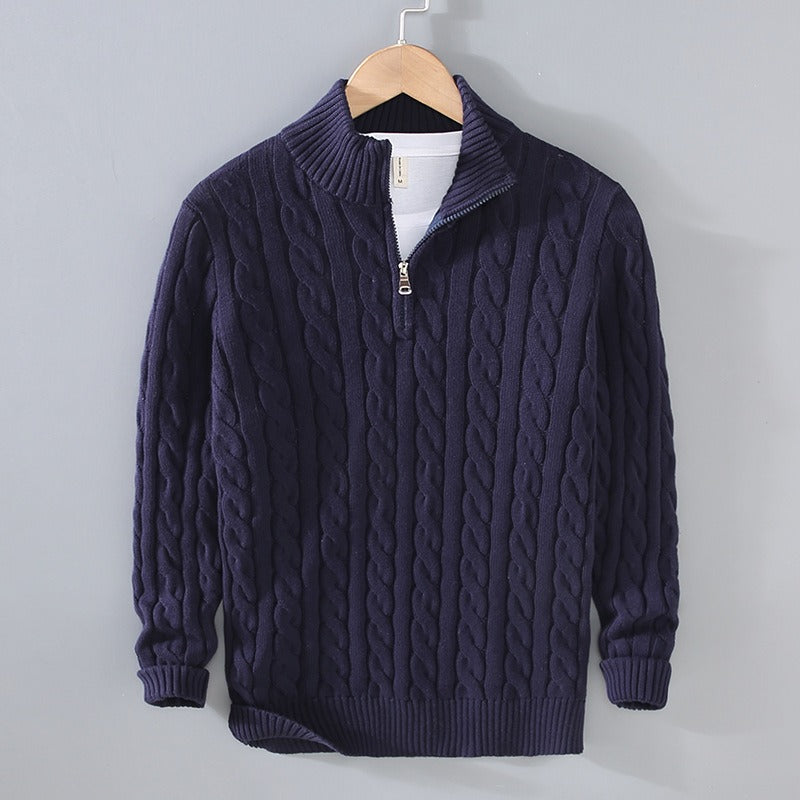 Men's thick half-zip twisted knit shirt with stand collar for autumn/winter.